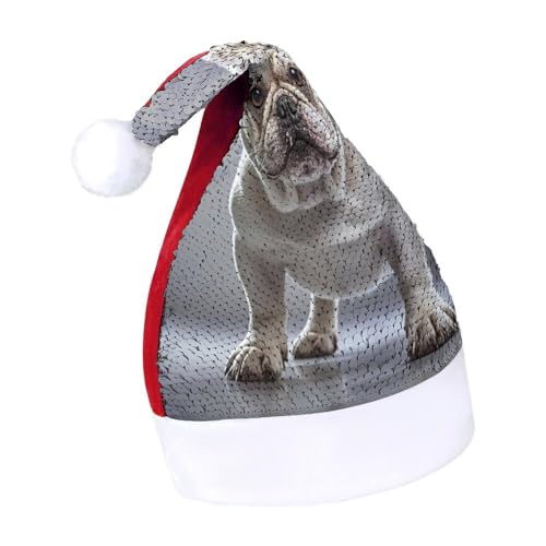 BNVOPTRE Weihnachtsmütze für Erwachsene, bedruckte französische Bulldogge, Weihnachtsmütze für Erwachsene, Weihnachtsmann-Schädelmütze von BNVOPTRE