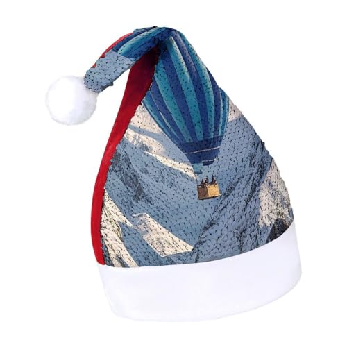 BNVOPTRE Weihnachtsmütze für Erwachsene, blauer Heißluftballon-Druck, Weihnachtsmütze für Erwachsene, Weihnachtsmann-Totenkopf-Hut von BNVOPTRE