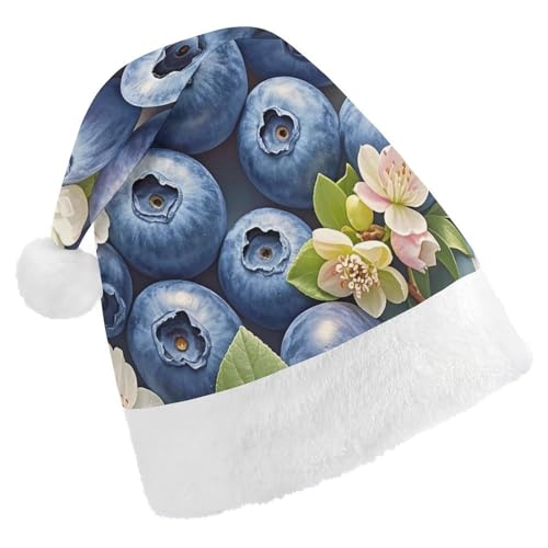 BNVOPTRE Weihnachtsmütze für Erwachsene, blaues Obstmuster, bedruckte Weihnachtsmütze für Erwachsene, Weihnachtsmann-Totenkopf-Hut von BNVOPTRE