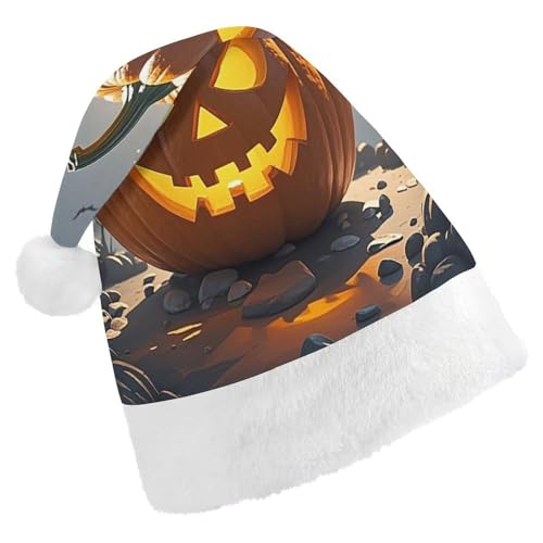 BNVOPTRE Weihnachtsmütze für Erwachsene, böser Jack-O'-Lantern bedruckte Weihnachtsmütze, Weihnachtsmütze für Erwachsene, Weihnachtsmann-Totenkopf-Hut von BNVOPTRE