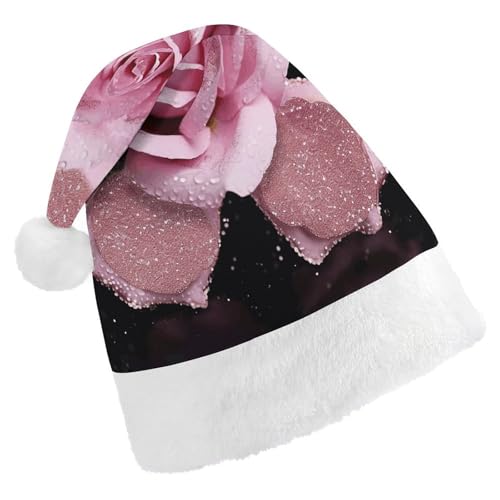 BNVOPTRE Weihnachtsmütze für Erwachsene, glitzernde rosa Rose, bedruckte Weihnachtsmütze für Erwachsene, Weihnachtsmann-Totenkopf-Hut von BNVOPTRE