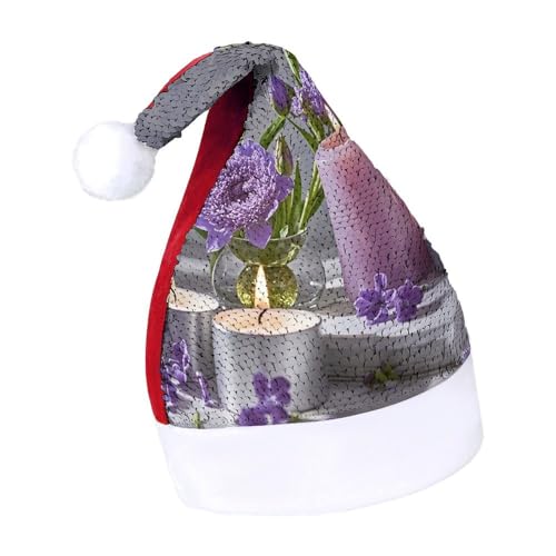 BNVOPTRE Weihnachtsmütze für Erwachsene, lila Blume und Kerze, bedruckte Weihnachtsmütze, Weihnachtsmütze für Erwachsene, Weihnachtsmann-Totenkopf-Hut von BNVOPTRE