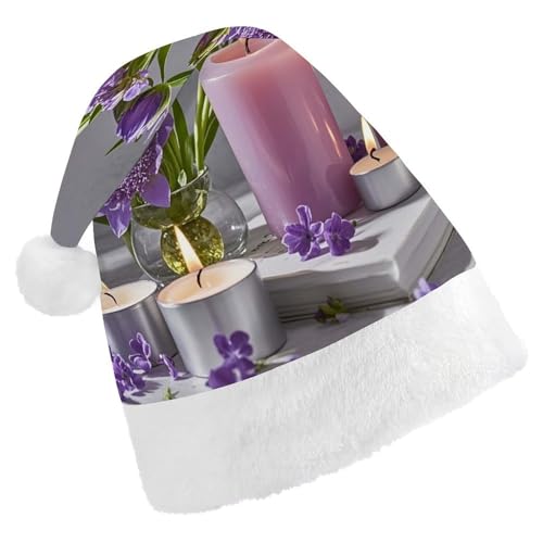 BNVOPTRE Weihnachtsmütze für Erwachsene, lila Blume und Kerze, bedruckte Weihnachtsmütze, Weihnachtsmütze für Erwachsene, Weihnachtsmann-Totenkopf-Hut von BNVOPTRE