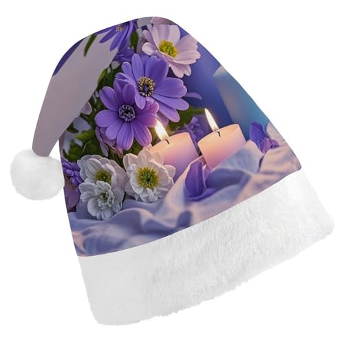 BNVOPTRE Weihnachtsmütze für Erwachsene, lila Blumen und Kerzen, bedruckte Weihnachtsmütze, Weihnachtsmütze für Erwachsene, Weihnachtsmann-Totenkopf-Hut von BNVOPTRE