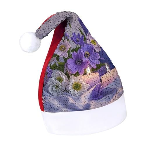 BNVOPTRE Weihnachtsmütze für Erwachsene, lila Blumen und Kerzen, bedruckte Weihnachtsmütze, Weihnachtsmütze für Erwachsene, Weihnachtsmann-Totenkopf-Hut von BNVOPTRE