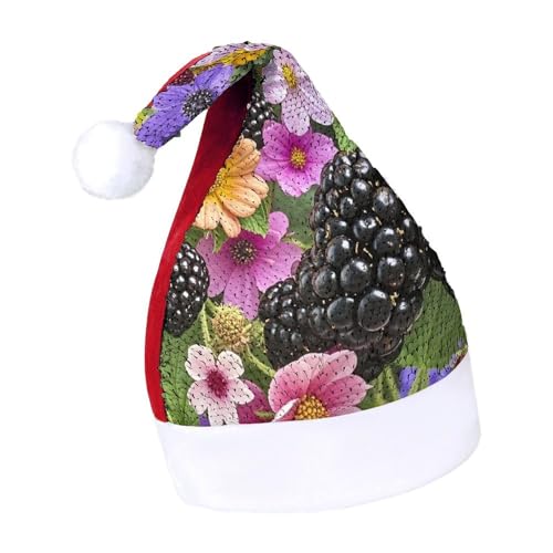 BNVOPTRE Weihnachtsmütze für Erwachsene, mit Blumen und Brombeeren bedruckt, Weihnachtsmütze für Erwachsene, Weihnachtsmann-Schädelmütze von BNVOPTRE