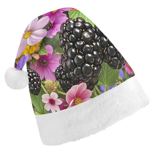 BNVOPTRE Weihnachtsmütze für Erwachsene, mit Blumen und Brombeeren bedruckt, Weihnachtsmütze für Erwachsene, Weihnachtsmann-Schädelmütze von BNVOPTRE