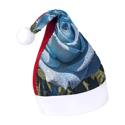 BNVOPTRE Weihnachtsmütze für Erwachsene, romantische blaue Rose bedruckt, Weihnachtsmütze für Erwachsene, Weihnachtsmann-Schädelmütze von BNVOPTRE