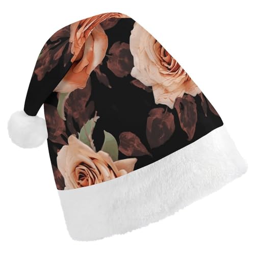 BNVOPTRE Weihnachtsmütze für Erwachsene, schwarze Pfirsichrose, bedruckte Weihnachtsmütze für Erwachsene, Weihnachtsmann-Totenkopf-Hut von BNVOPTRE