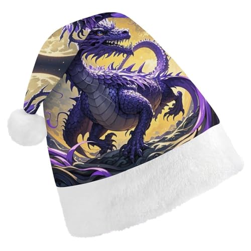 BNVOPTRE Weihnachtsmütze für Erwachsene, violetter Drache und Mond, bedruckte Weihnachtsmütze, Weihnachtsmütze für Erwachsene, Weihnachtsmann-Totenkopf-Hut von BNVOPTRE