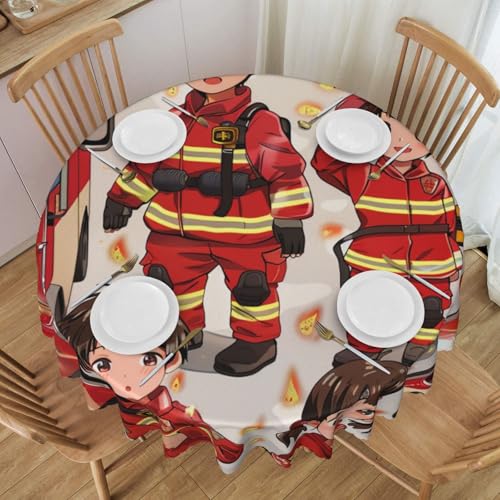 BNVSADC Kleine Jungen und Mädchen in Feuerwehrleuten bedruckte runde Tischdecke mit Spitzenrand, 152,4 cm Durchmesser, Polyester, wasserabweisend, Esstischdekoration, Tischdecken von BNVSADC