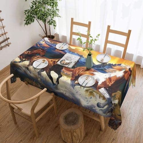 BNVSADC Rechteckige Tischdecke, Motiv: Laufende Pferde, bedruckt, 183 x 137 cm, mit Spitzenrand, Polyester, wasserabweisend, Tischdecke, Esstischdekoration, Tischdecken von BNVSADC