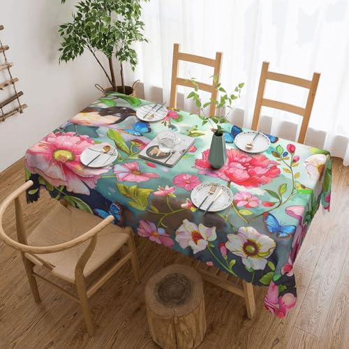 BNVSADC Rechteckige Tischdecke mit Gartenmotiv und Vögeln und Blumen, bedruckt, 183 x 137 cm, mit Spitzenrand, Polyester, wasserabweisend, Tischdecke, Esstischdekoration, Tischdecken von BNVSADC