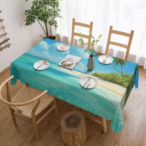 BNVSADC Rechteckige Tischdecke mit Insel mit Sandstrand und Palme, bedruckt, 183 x 137 cm, mit Spitzenrand, Polyester, wasserabweisend, Tischdecke, Esstischdekoration, Tischdecken von BNVSADC