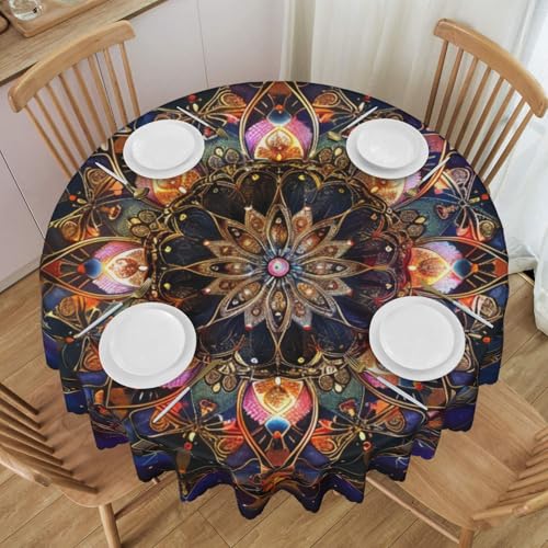 BNVSADC Rechteckige Tischdecke mit Mandala-Kunstdruck, rund, mit Spitzenrand, 152,4 cm Durchmesser, Polyester, wasserabweisend, Tischdecke, Esstischdekoration, Tischdecken von BNVSADC