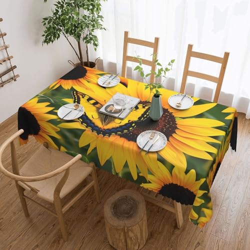 BNVSADC Rechteckige Tischdecke mit Schmetterlingsmotiv, Sonnenblumen, Blumen, bedruckt, 183 x 137 cm, mit Spitzenrand, Polyester, wasserabweisend, Tischdecke, Esstischdekoration, Tischdecken von BNVSADC