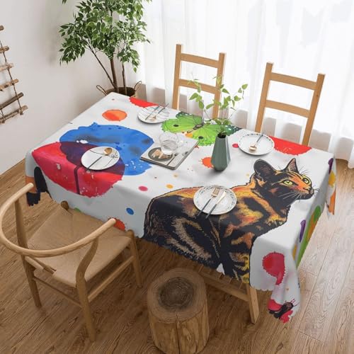 BNVSADC Rechteckige Tischdecke mit Schmetterlingsmotiv und Katze, bedruckt, 183 x 137 cm, mit Spitzenrand, Polyester, wasserabweisend, Tischdecke, Esstischdekoration, Tischdecken von BNVSADC