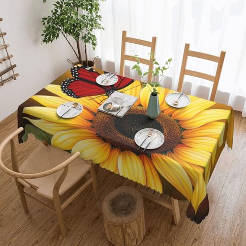 BNVSADC Rechteckige Tischdecke mit Sonnenblumen und rotem Schmetterling, bedruckt, 183 x 137 cm, mit Spitzenrand, Polyester, wasserabweisend, Tischdecke, Esstischdekoration, Tischdecken von BNVSADC