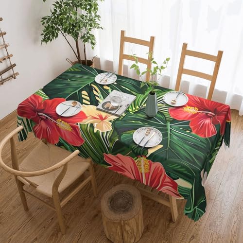 BNVSADC Rechteckige Tischdecke mit Vegetationsblättern und Hibiskusblüten, bedruckt, 183 x 137 cm, mit Spitzenrand, Polyester, wasserabweisend, Tischdecke, Esstischdekoration, Tischdecken von BNVSADC