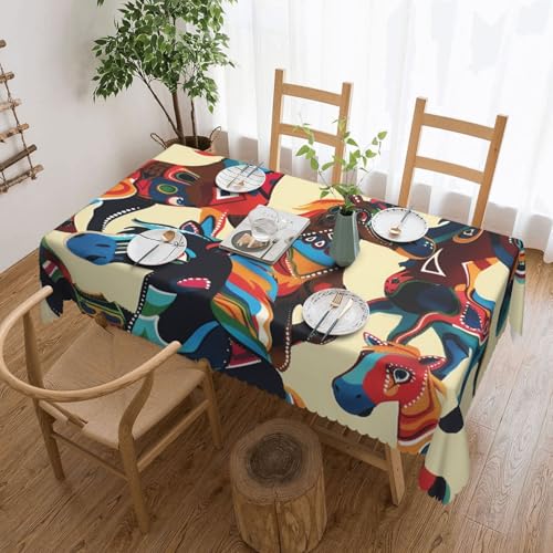 BNVSADC Rechteckige Tischdecke mit buntem Cartoon-Pferd-Druck, 183 x 137 cm, mit Spitzenrand, Polyester, wasserabweisend, Tischdecke, Esstischdekoration, Tischdecken von BNVSADC