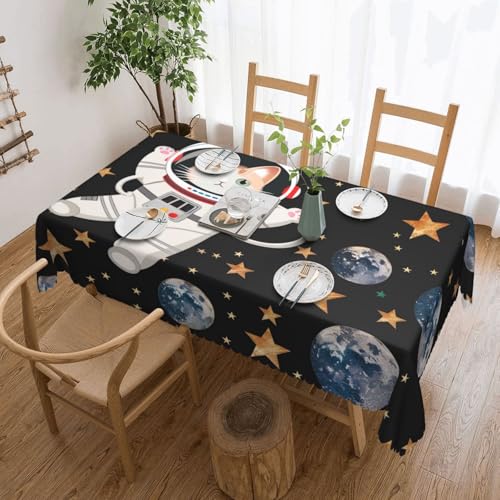 BNVSADC Rechteckige Tischdecke mit niedlicher Katze, Astronaut, bedruckt, 183 x 137 cm, mit Spitzenrand, Polyester, wasserabweisend, Tischdecke, Esstischdekoration, Tischdecken von BNVSADC