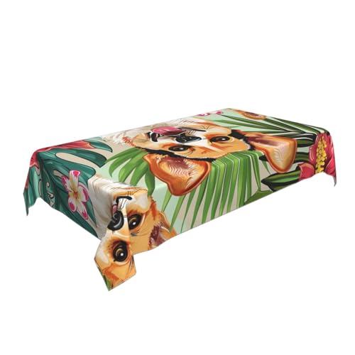 BNVSADC Rechteckige Tischdecke mit tropischen Blumen und Corgi, bedruckt, 140 x 90 cm, knitterfreie Polyester-Tischdecke, dekorative Stoff-Tischdecken für Küche, Esstisch, Partys, Camping von BNVSADC