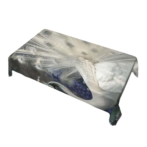 BNVSADC Rechteckige Tischdecke mit weißem Pfauenmotiv, 228 x 152 cm, wasserabweisend, Polyester, dekorative Stoff-Tischdecken für Küche, Esstisch, Partys, Camping von BNVSADC