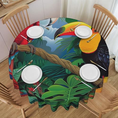 BNVSADC Runde Tischdecke mit Ara- und Tukan-Motiv, bedruckt, mit Spitzenrand, 152,4 cm Durchmesser, Polyester, wasserabweisend, Tischdecke, Esstischdekoration, Tischdecken von BNVSADC