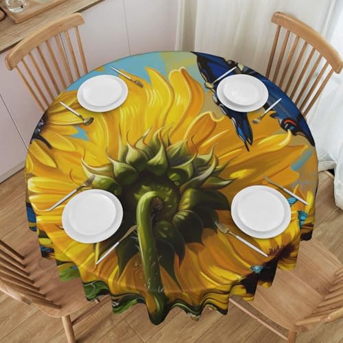 BNVSADC Runde Tischdecke mit Spitzenrand, Motiv: gelbe Sonnenblumen mit blauen Schmetterlingen, 152,4 cm Durchmesser, Polyester, wasserabweisend, Esstischdekoration, Tischdecken von BNVSADC