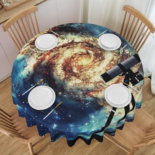 BNVSADC Runde Tischdecke mit Teleskop- und Weltraum-Galaxie, bedruckt, mit Spitzenrand, 152,4 cm Durchmesser, Polyester, wasserabweisend, Tischdecke, Esstischdekoration, Tischdecken von BNVSADC