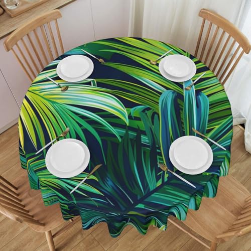 BNVSADC Runde Tischdecke mit tropischen Palmenblättern, bedruckt, mit Spitzenrand, 152,4 cm Durchmesser, Polyester, wasserabweisend, Tischdecke, Esstischdekoration, Tischdecken von BNVSADC