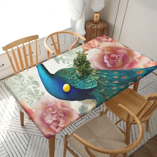 BNVSADC Tischdecke mit schönem Pfauen- und Blumendruck, 152 x 76 cm, Polyester, wasserabweisend, Esstischdekoration, Tischdecken von BNVSADC