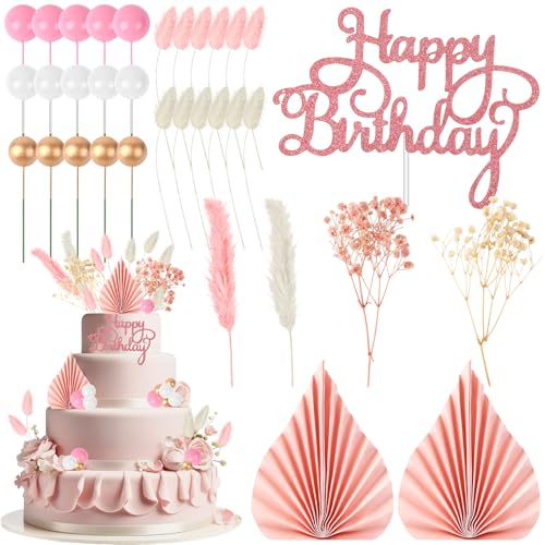 BOARDFEB 34pcs Cake Topper Cake Decorations Happy Birthday Cake Topper Dried Flowers Pink Paper Palm Fan Gold Balls Cakes for Birthday Baby Shower Wedding Party Cake Boho Decorating Pink Gold White von BOARDFEB