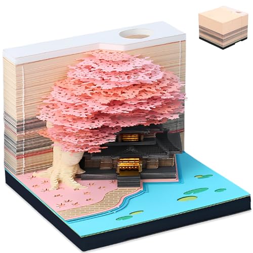 3D Notizblock mit Licht und Stifthalter 2025, 3D Memo Pad Geschnitztem Papier, 3D Notizblock Papier mit Anzeigebox Glasklar, Kreative Magic 3D Haftnotizen, Papierskulptur Desktop Ornament (Rosa) von BOBASH