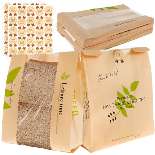 50Pcs Brotbeutel mit Aufklebern, 32x21x9cm Papiertüten Klein mit Klarem Fenster, Kraftpapiertüten Butterbrottüten, Umweltfreundliche Geschenktüten für Brot Süßigkeit Kaffeebohne Beutel Party(A) von BOBASH