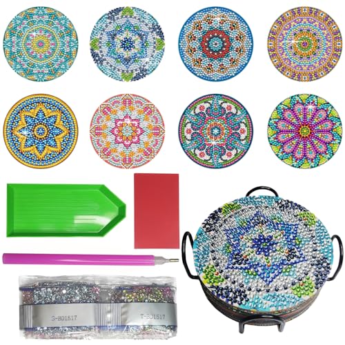 8 Stück Diamond Painting Untersetzer, Diamant Tassenuntersetzer Set mit Halter, Rutschfest Mandala Coasters, 5D Diamond Art Painting Erwachsene Kinder zum Basteln, Trinkuntersetzer für Dekoration von BOBISHE