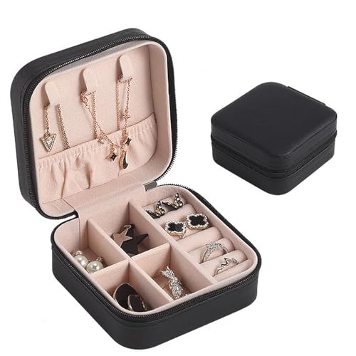 BOBISHE Schmuckkästchen Reisen Klein Tragbar Schmuckaufbewahrung für Damen Mädchen PU Leder Mini Schmuckschatulle Abnehmbares Brett Schmuck Organizer für Ringe, Ohrringe, Halskette, Armband, Schwarz von BOBISHE