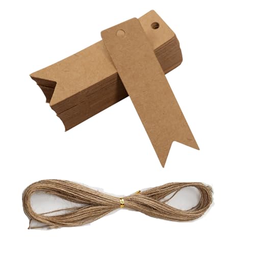 BOBOZHONG Geschenk Anhänger,100stk Geschenkanhänger Kraftpapier,mit Jute Schnur 20M,Anhängeschilder Papier Etiketten Tags zum Beschriften Hochzeit Weihnachten(7 x 2cm) von BOBOZHONG