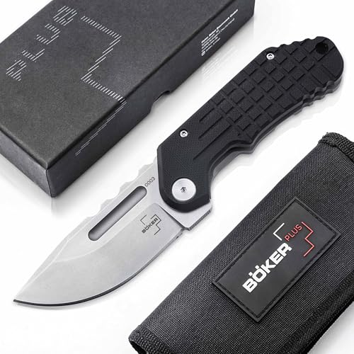 BÖKER PLUS® Dvalin Folder Drop - 1 Hand Klappmesser mit G10 Griff schwarz - modernes Taschenmesser mit extra scharfer D2 Droppoint Klinge - taktisches Edge Flipper EDC Messer mit Etui & Geschenk-Box von BÖKER PLUS