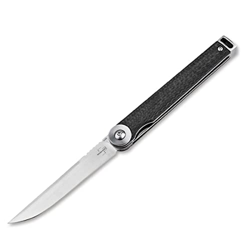 BÖKER PLUS® Kaizen Carbon Fiber S35VN - Tanto Taschenmesser japanisch - Gentleman Messer mit Flipper Klinge - leichtes EDC Klappmesser mit schwarzem Kohlefaser Griff -Einhandmesser mit Clip & Etui von BÖKER PLUS