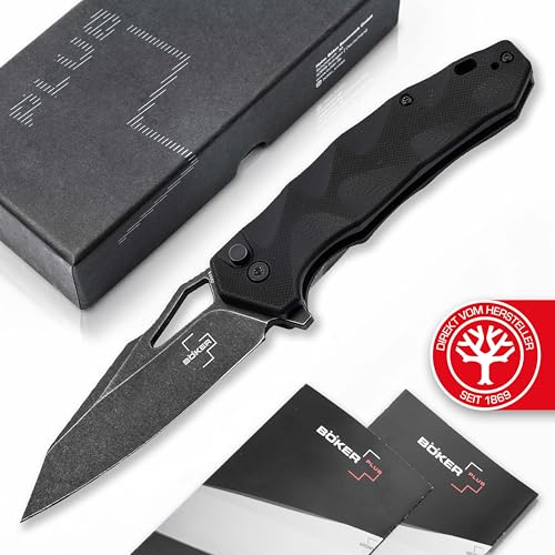 BÖKER PLUS® Kirke - Button Lock Klappmesser mit Wharncliffe Nitro-V Klinge - Flipper Einhand-Messer mit G10 Griff schwarz - taktisches EDC Taschenmesser mit Daumen-Öffnung, Clip & Geschenk-Box von BÖKER PLUS