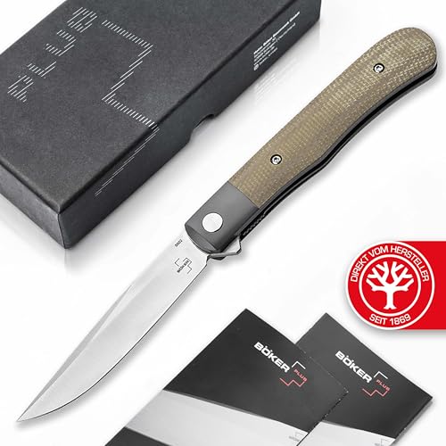 BÖKER PLUS® Modern Trapper Uno - klappbares Gentleman Taschenmesser mit Clip & Nitro-V Klinge - Flipper Einhand Messer mit Kugellager & Micarta-Griff grau - Droppoint EDC Klappmesser in Geschenk-Box von BÖKER PLUS