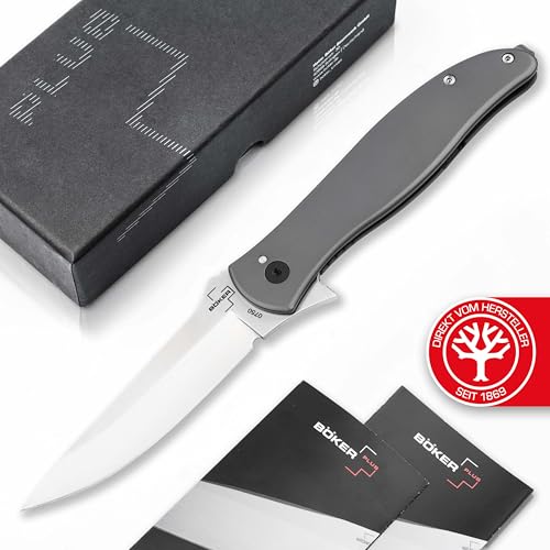 BÖKER PLUS® The Escort - Einhand Taschenmesser mit kugelgelagerter Nitro-V Klinge - Framelock Klapp-Messer mit Flipper - 1 Hand-Messer mit Edelstahl-Griff Silber - Faltmesser mit Geschenk-Box von BÖKER PLUS