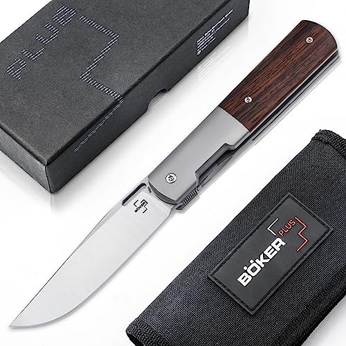 BÖKER PLUS® Urban Barlow Cocobolo Taschenmesser - modernes Barlow Messer mit Holzgriff - Framelock Klappmesser mit Clip - Gentleman Knife mit Flipper Klinge aus M390 - kleines 1 Hand Messer mit Etui von BÖKER PLUS