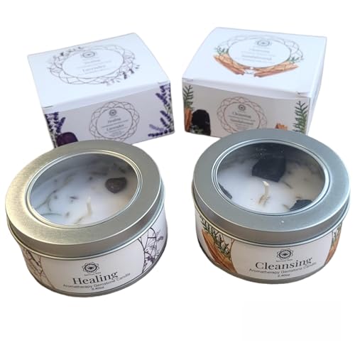 Boemy Set von 2 Duftkerzen Green Tree Aromatherapie und Dekoration mit schwarzem Turmalin und Amethyst, 70 g, entspannende Düfte Sandelholz, Wacholder und Lavendel, die Ihre Räume heilen und reinigen von BOEMY