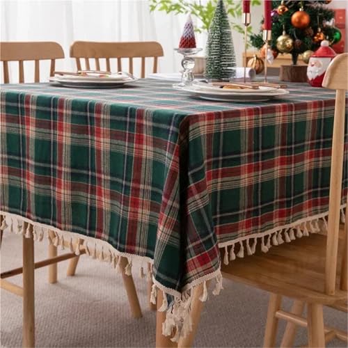 BOFIBO Rechteckige/längliche Tischdecken Weihnachtsdekoration, rot Karierte Tischdecke, gewebte Polyester-Baumwolle, rot-grün, Tischdecke for Küche & Essen, Party, Esszimmer(Tassel Green,140x200cm) von BOFIBO