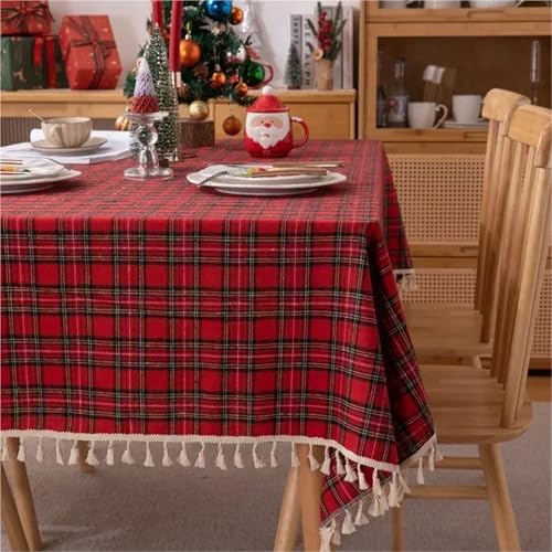 BOFIBO Rechteckige/längliche Tischdecken Weihnachtsdekoration, rot Karierte Tischdecke, gewebte Polyester-Baumwolle, rot-grün, Tischdecke for Küche & Essen, Party, Esszimmer(Tassel Red B,140x260cm) von BOFIBO