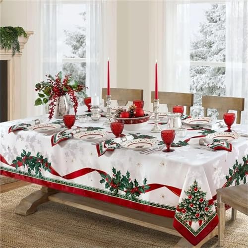 BOFIBO Rechteckige/längliche Tischdecken Weihnachtstischdecke, weihnachtliches Blumenmuster, rotes Bandmuster, waschbare Tischdecke, geeignet for Neujahrsparty-Abendessen-Dekoration(70x70cm27x27inch) von BOFIBO