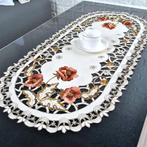 Rechteckige/längliche Tischdecken Ovale Vintage-Tischdecke aus bestickter Spitze, Elegante europäische rustikale Tischdekoration mit Blumenmuster, Tischdecke aus Satinstoff Weihnachts- und Neujahrsd von BOFIBO