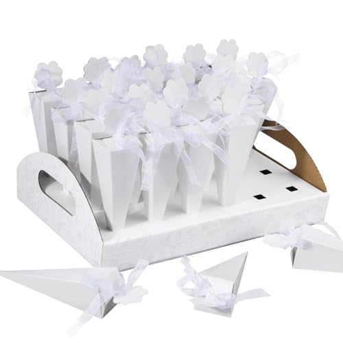 BOFUNX 24 Stück Hochzeit Dreieckkegel Schachtel Weiß Papier Kegel Schachtel + Konfetti Kegelhalter Geschenkbox Hochzeit Geburtstag Party Kartonagen für Reis Süßigkeiten Bonbons Candy Schokolade von BOFUNX